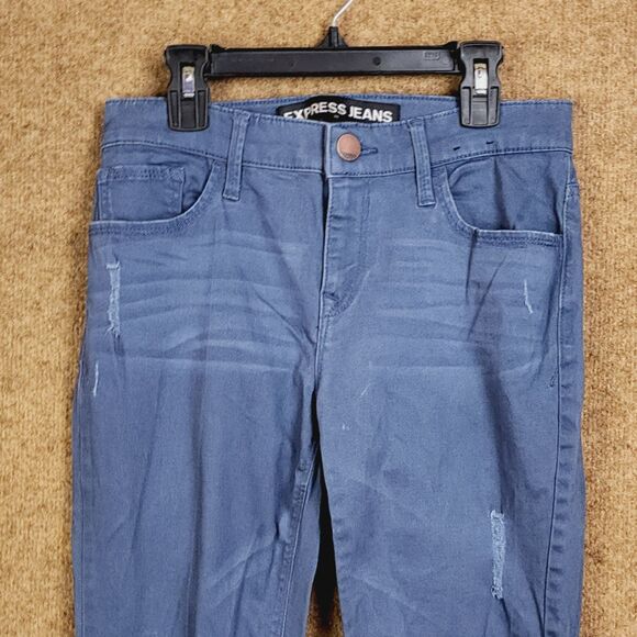 Express Women Skinny Ankle Leggings Mid Rise Sz 2 Blue-Gray Distressed Raw - Picture 2 of 12